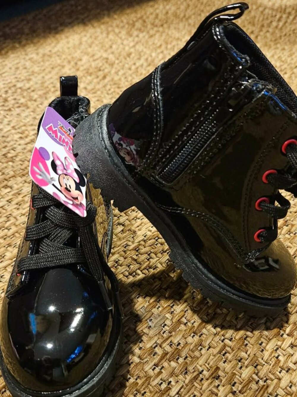 Disney Minnie Mouse Toddler Girls Black Patent Combat Boots